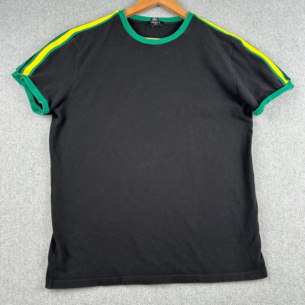 Forever 21 T-Shirt Mens Large Black Ringer Green Yellow Stripe